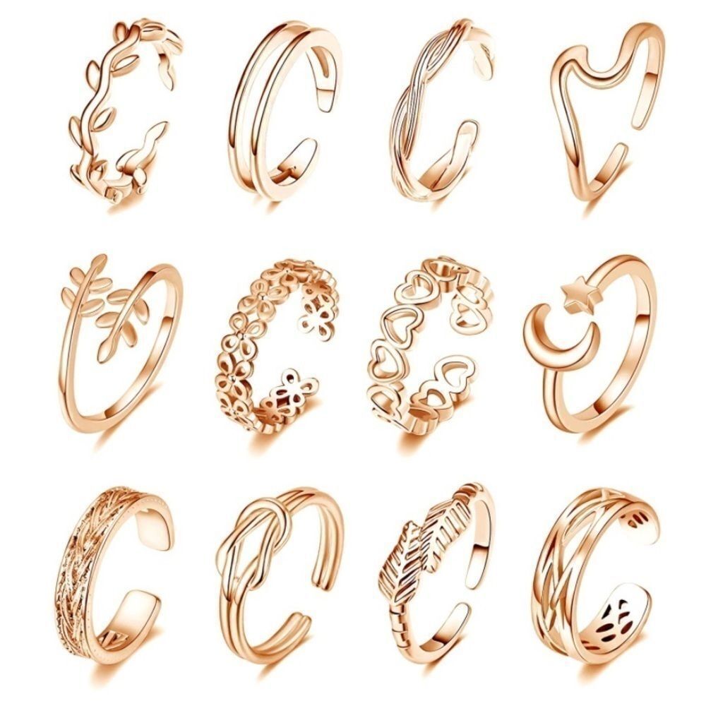Rose Gold Adjustable Open Toe Rings - Set of 12